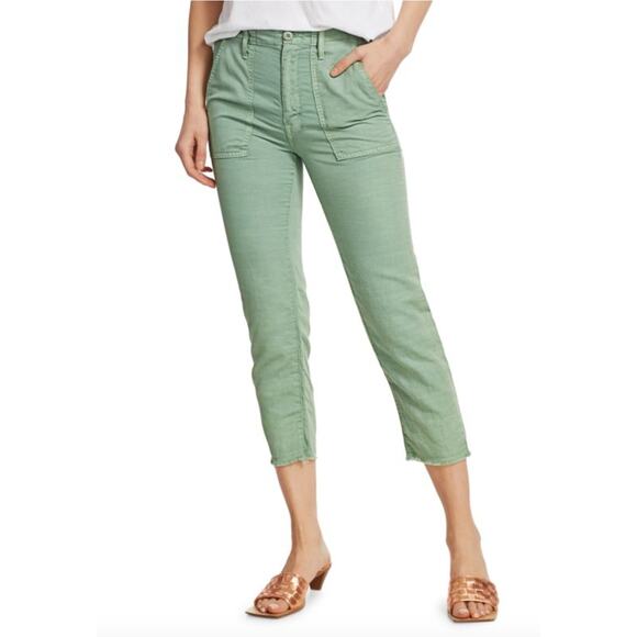 Women's Mother The Shaker High-Rise Chop Crop Linen-Blend Jeans in Hedge Green - Picture 1 of 5